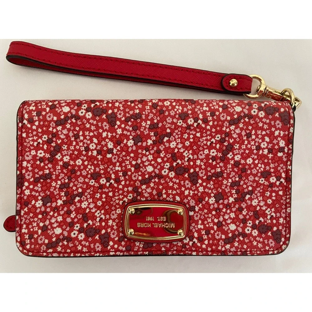 Michael Kors Red Floral Saffiano Leather Wristlet Wallet‎ Gold Hardware Snap#651